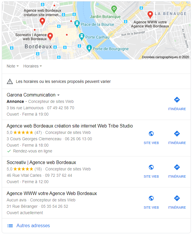 Exemple de fiche d’adresses locales apparaissant dans les résultats de recherche Google.